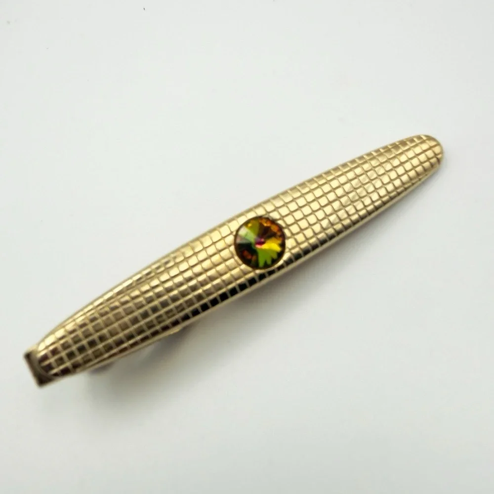 Vintage Gold Tone Tie Clip Bar Watermelon Rivoli Rhinestone Mid Century Mad Man